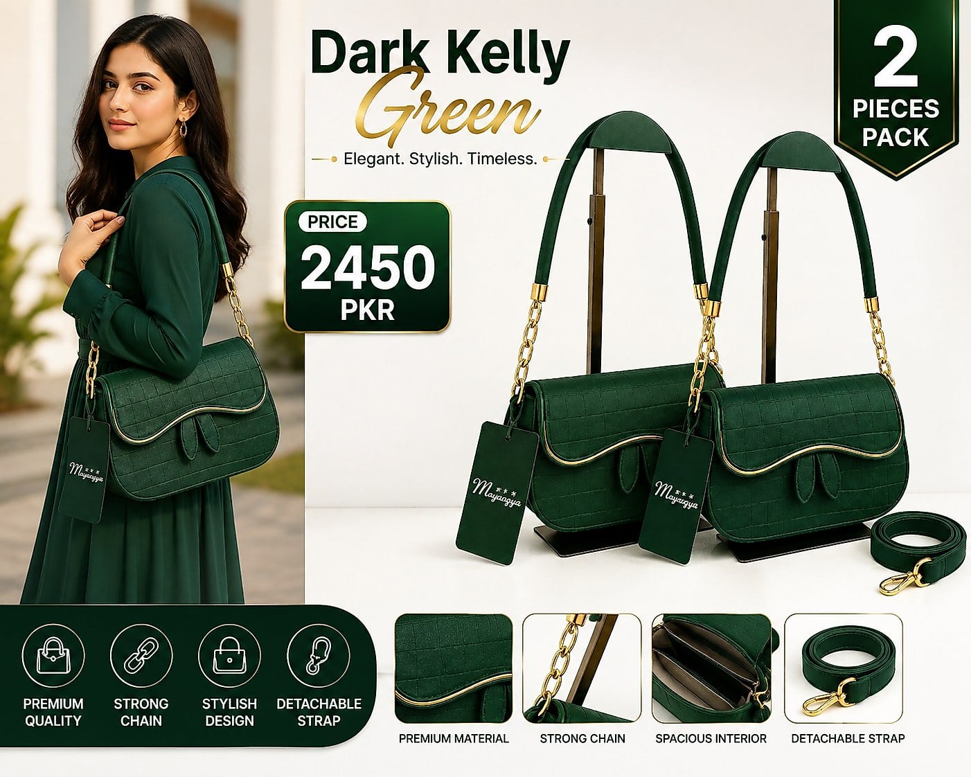 Green Kelly Green Shoulder Bag for Girls - 1 Pc, Plain Design image 2