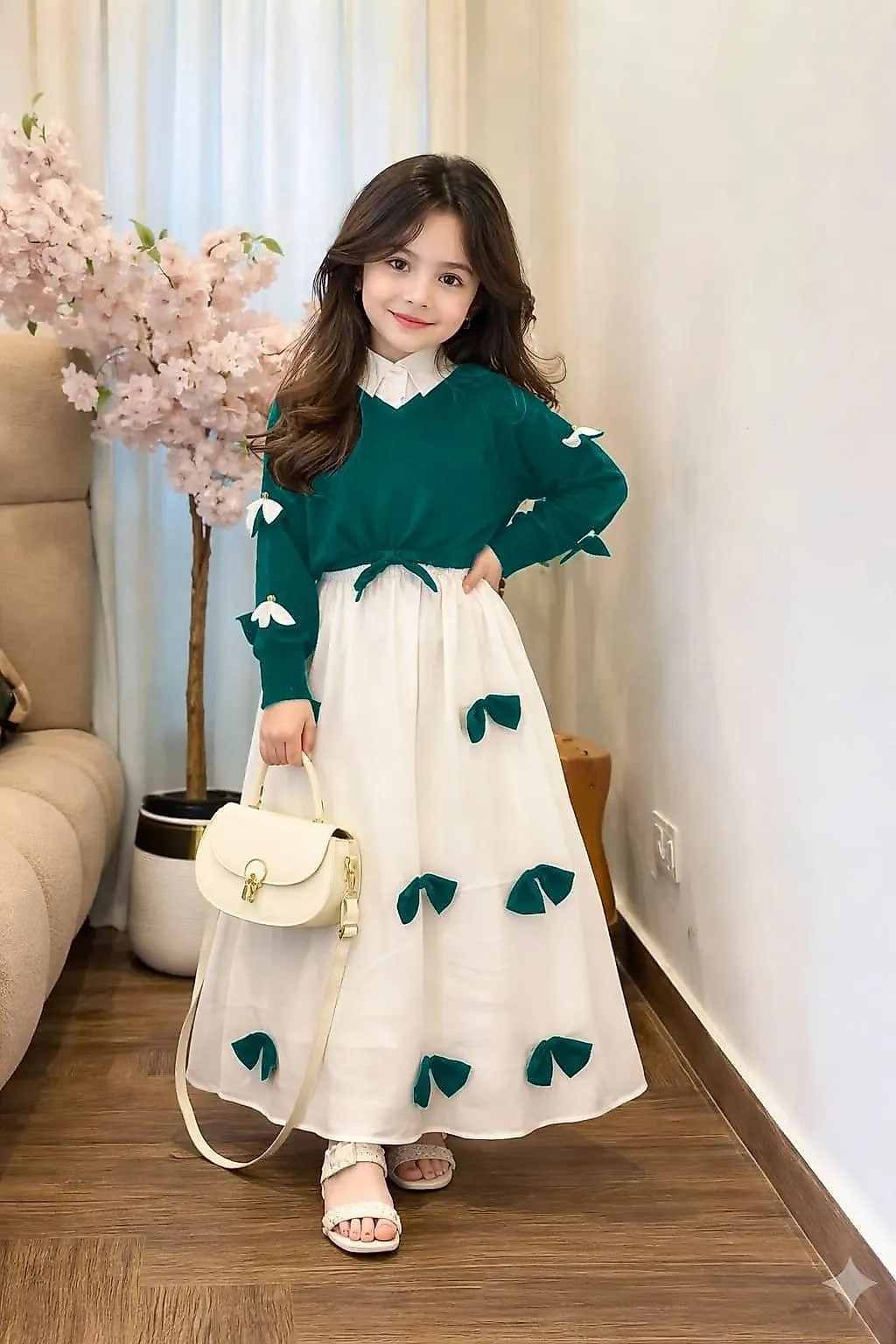 Girls Georgette Bow Top Maxi Set Green White image 2