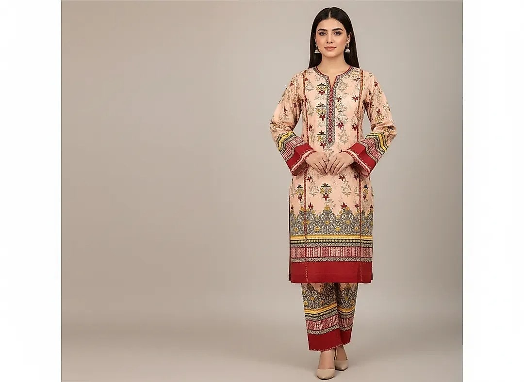 Women Unstitched Printed Suit Pink Polo Cotton 2 Pcs image 2