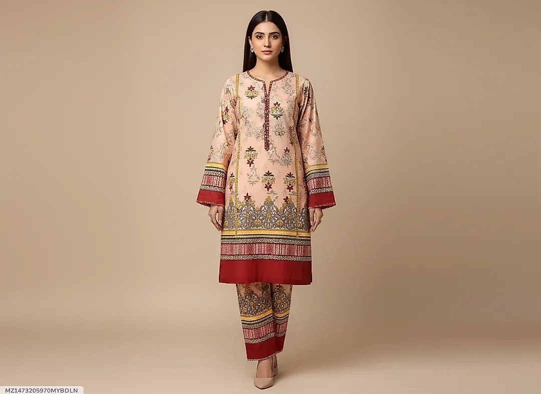 Women Unstitched Printed Suit Pink Polo Cotton 2 Pcs image 3