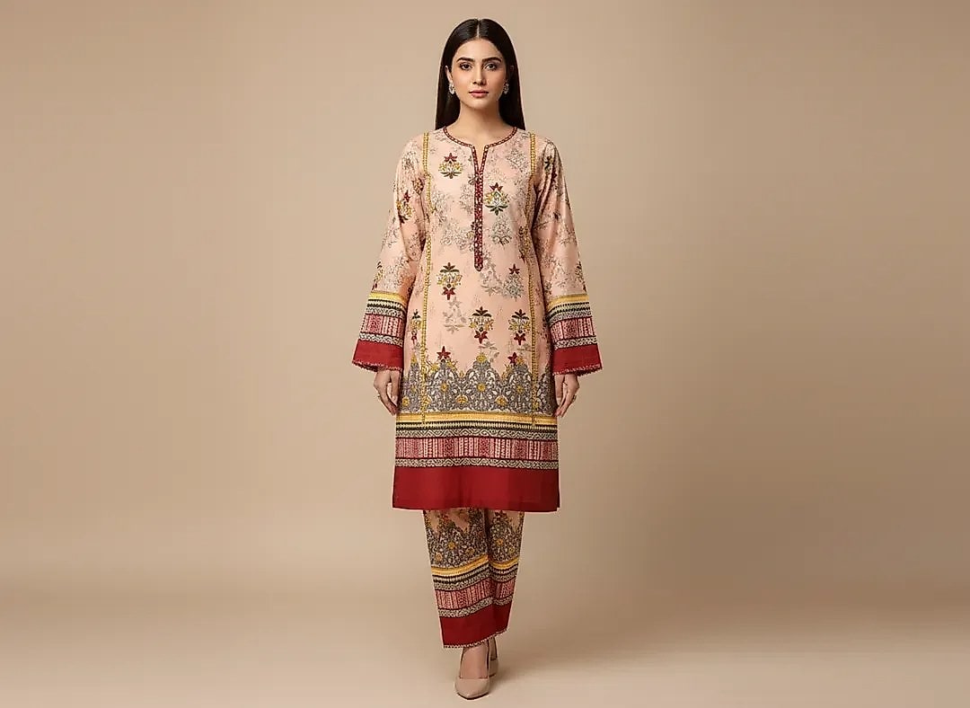 Women Unstitched Printed Suit Pink Polo Cotton 2 Pcs