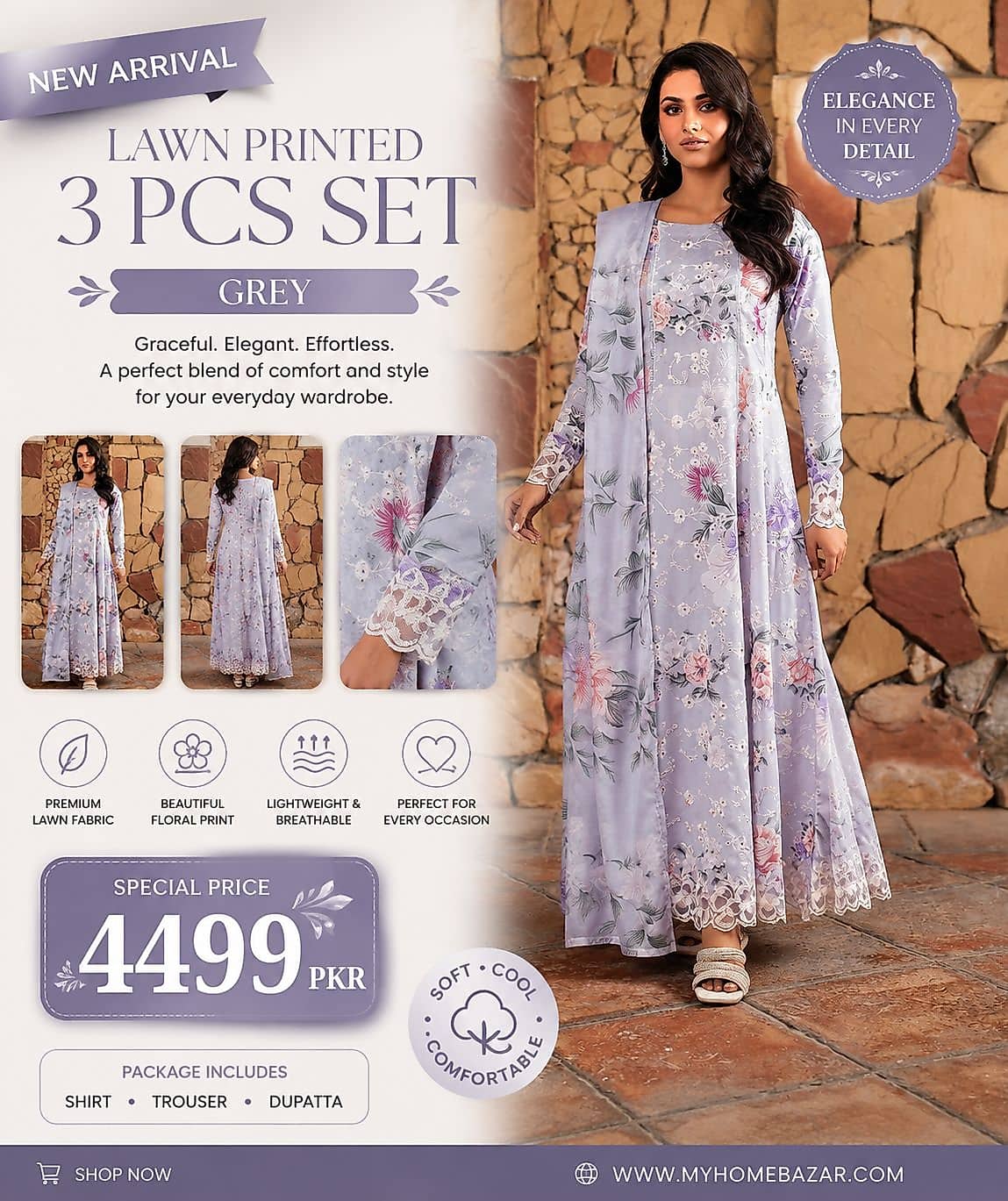 Lawn Printed 3 Pcs Set Grey