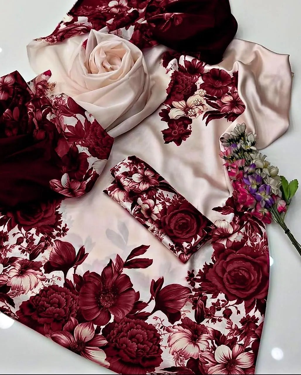 3 Pcs Maroon Silky Printed Suit for Women Summer Collection image 3