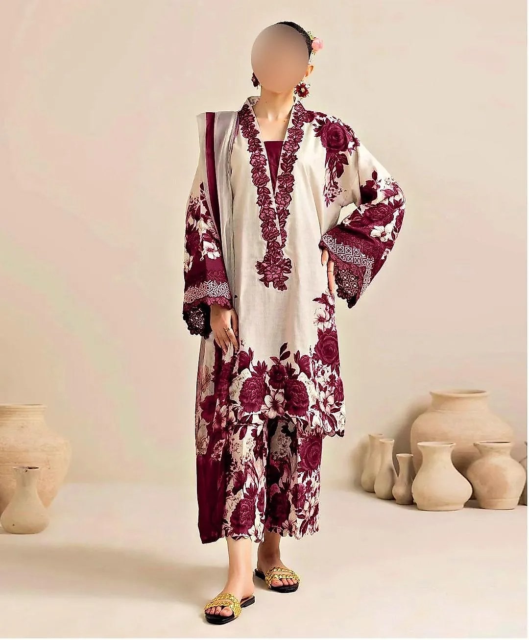 3 Pcs Maroon Silky Printed Suit for Women Summer Collection image 2