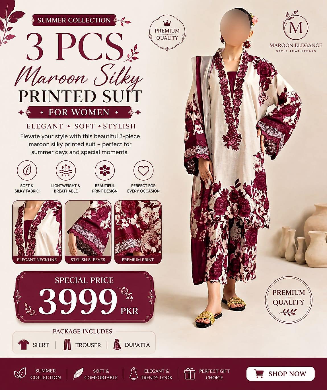 3 Pcs Maroon Silky Printed Suit for Women Summer Collection
