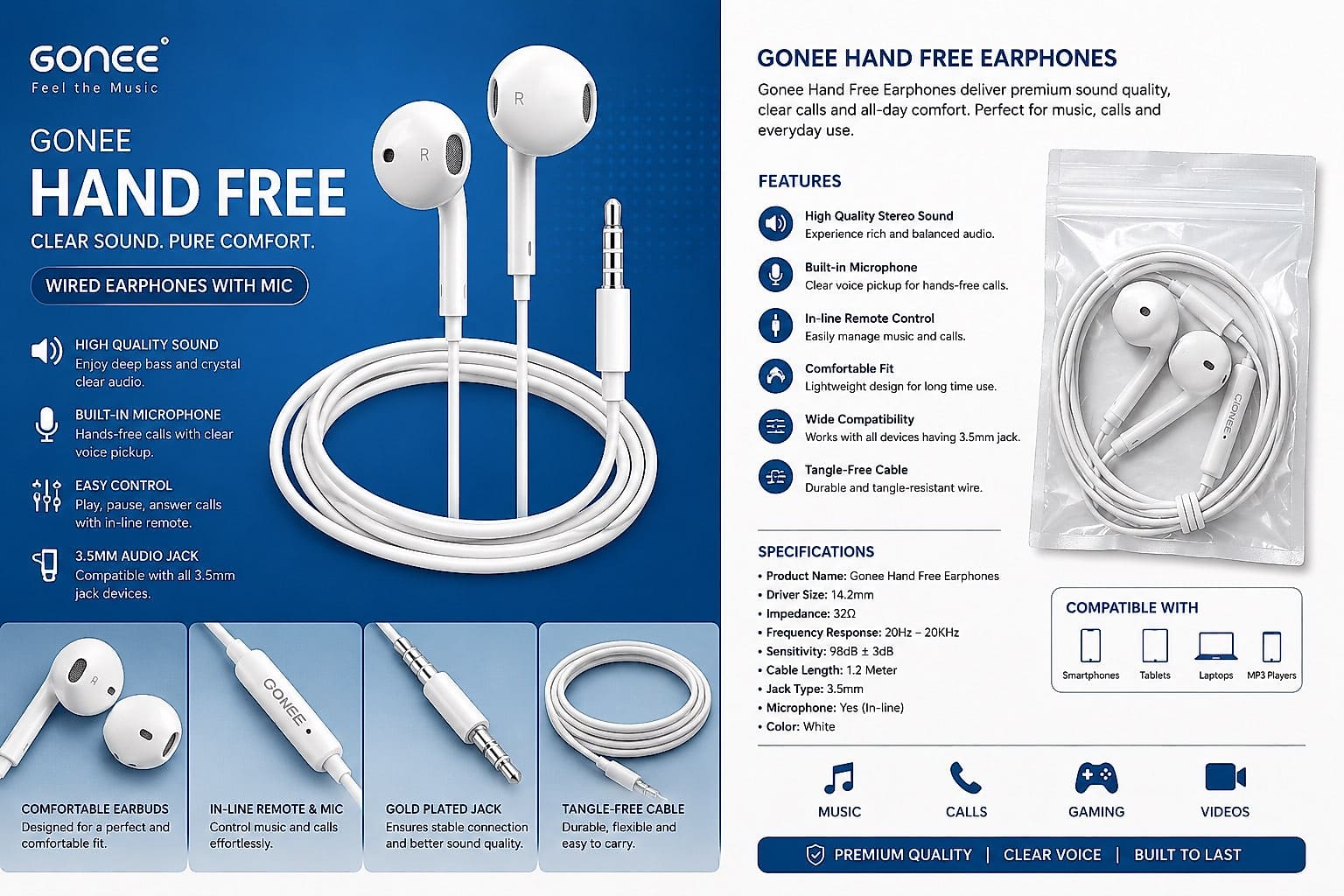 GONEE Hand Free Earphones – Wired Earphones with Mic & 3.5mm Jack