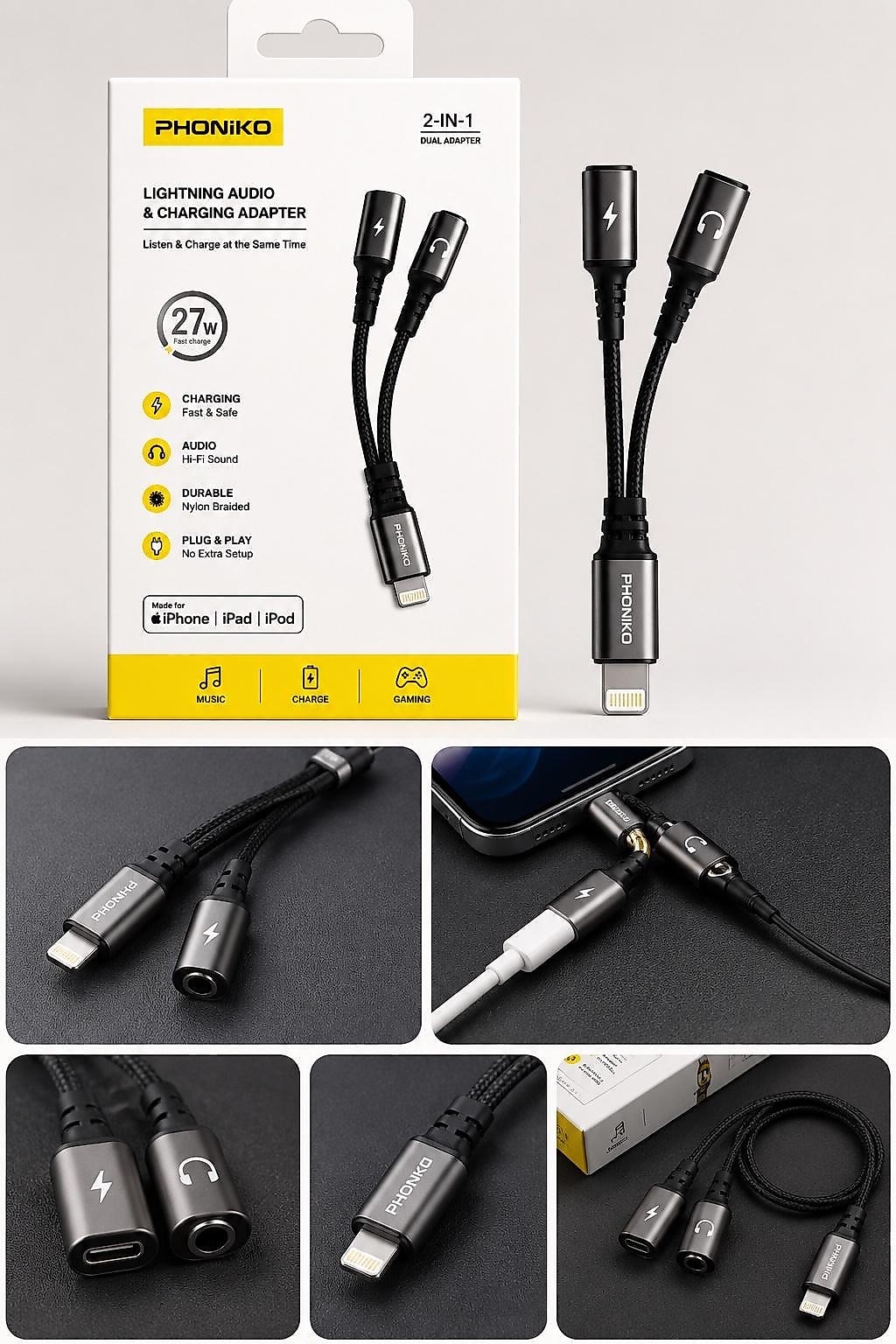 Gunrate 2-in-1 Lightning Audio & Charging Adapter – 27W Fast Charging