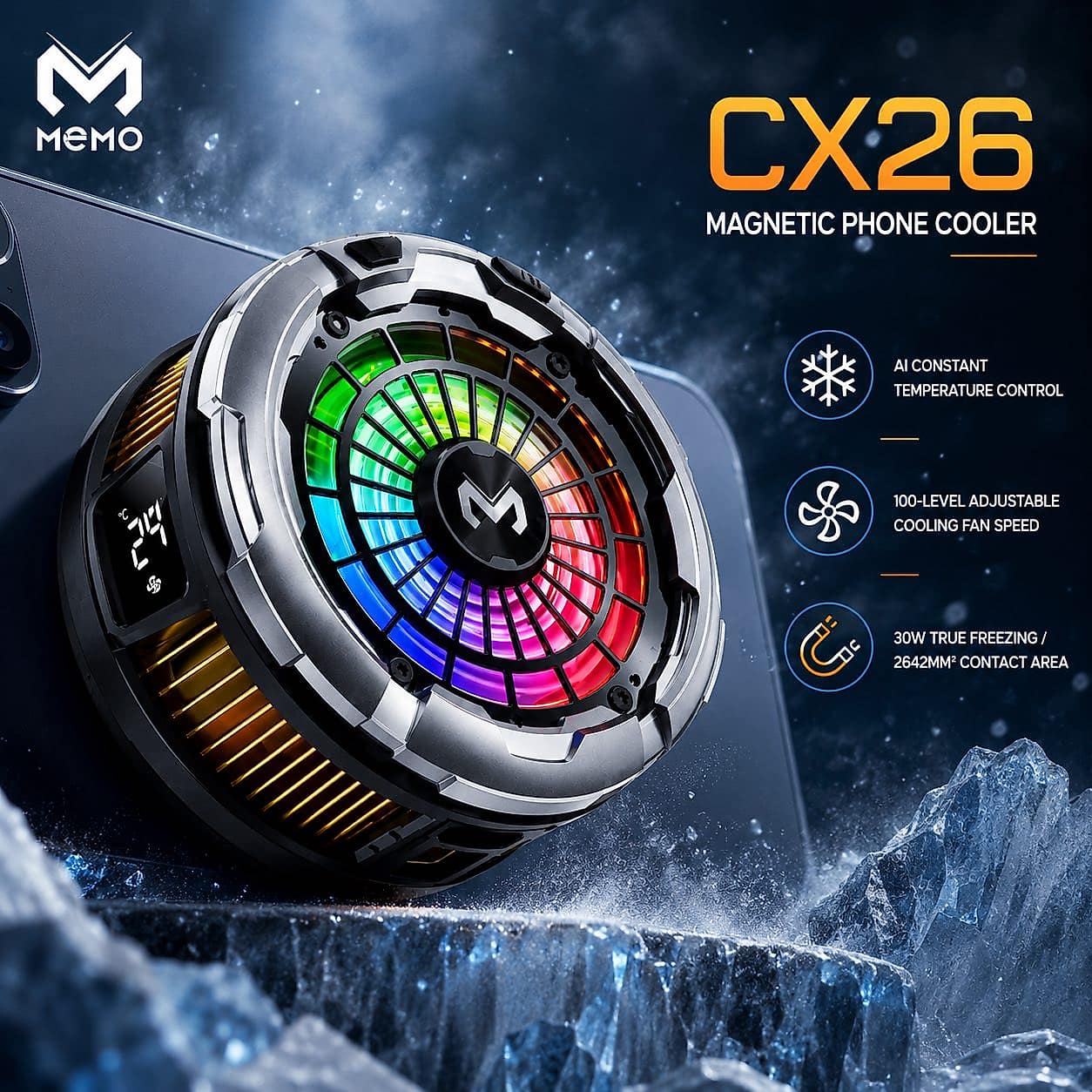 MEMO CX26 30W Magnetic Phone Cooler – RGB Gaming Cooling Fan with 100-Level Speed Control image 3