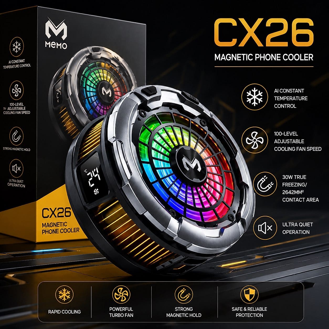 MEMO CX26 30W Magnetic Phone Cooler – RGB Gaming Cooling Fan with 100-Level Speed Control image 4