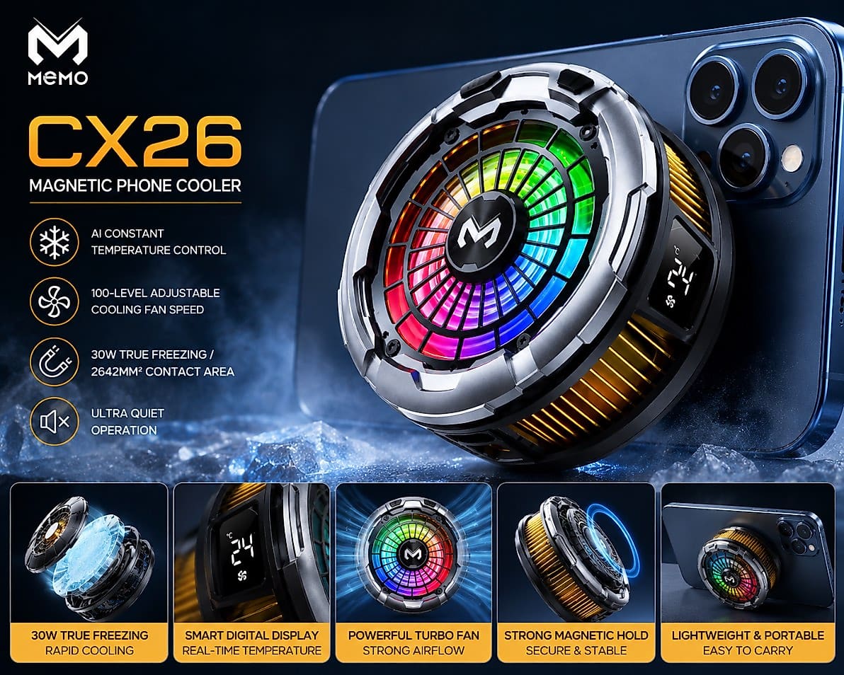 MEMO CX26 30W Magnetic Phone Cooler – RGB Gaming Cooling Fan with 100-Level Speed Control image 5
