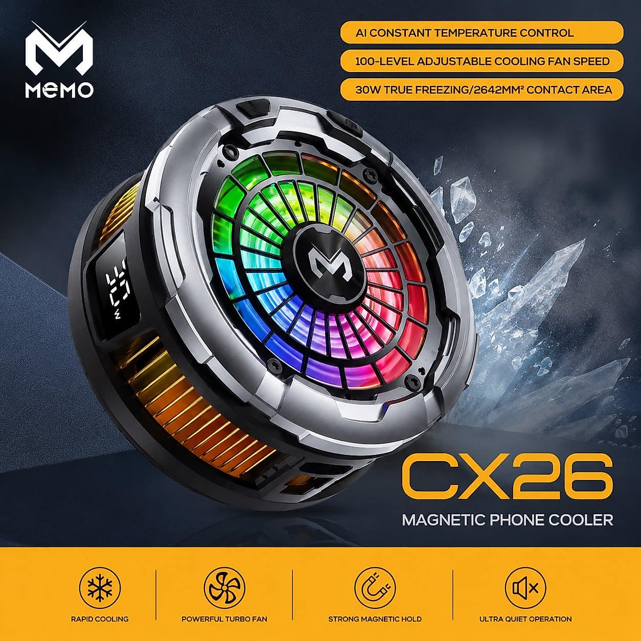MEMO CX26 30W Magnetic Phone Cooler – RGB Gaming Cooling Fan with 100-Level Speed Control image 2