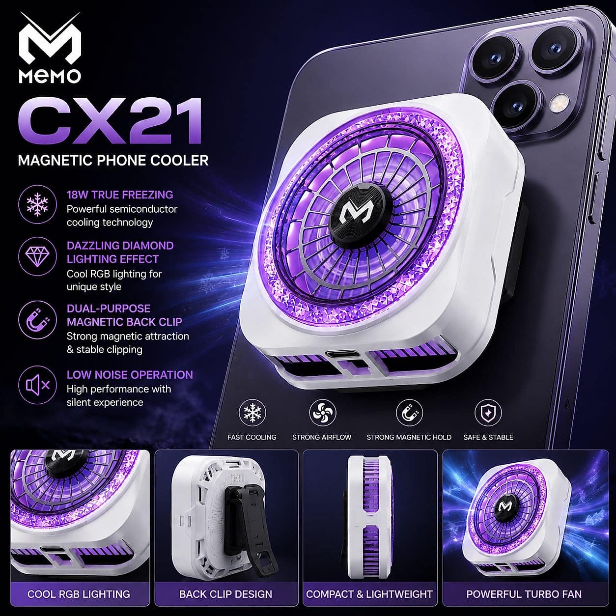 MEMO CX21 18W Magnetic Phone Cooler – Diamond RGB Light & Dual-Purpose Magnetic Clip