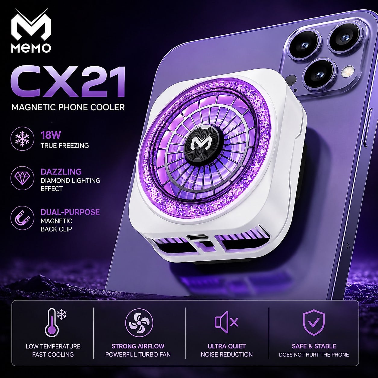 MEMO CX21 18W Magnetic Phone Cooler – Diamond RGB Light & Dual-Purpose Magnetic Clip image 4