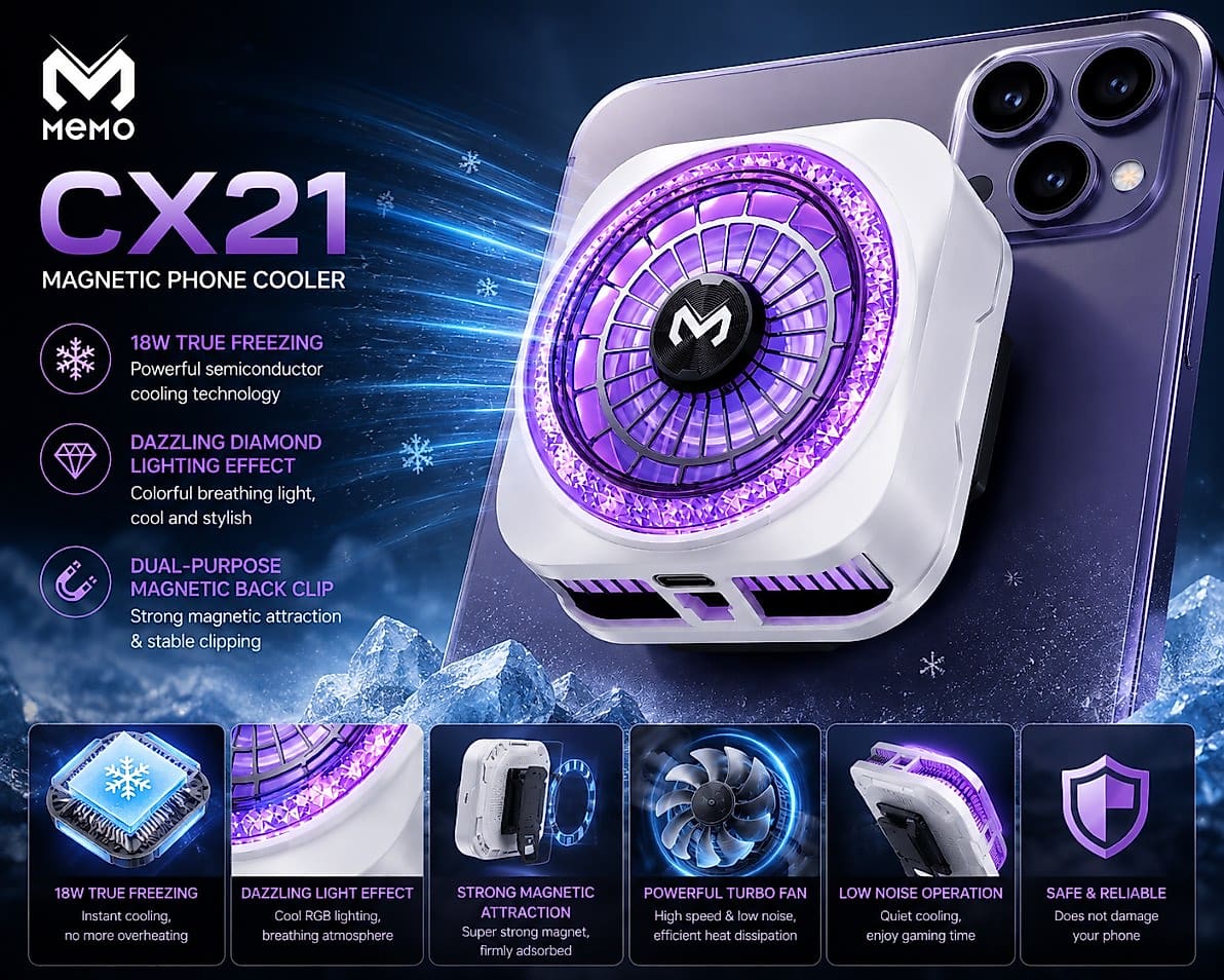 MEMO CX21 18W Magnetic Phone Cooler – Diamond RGB Light & Dual-Purpose Magnetic Clip image 3