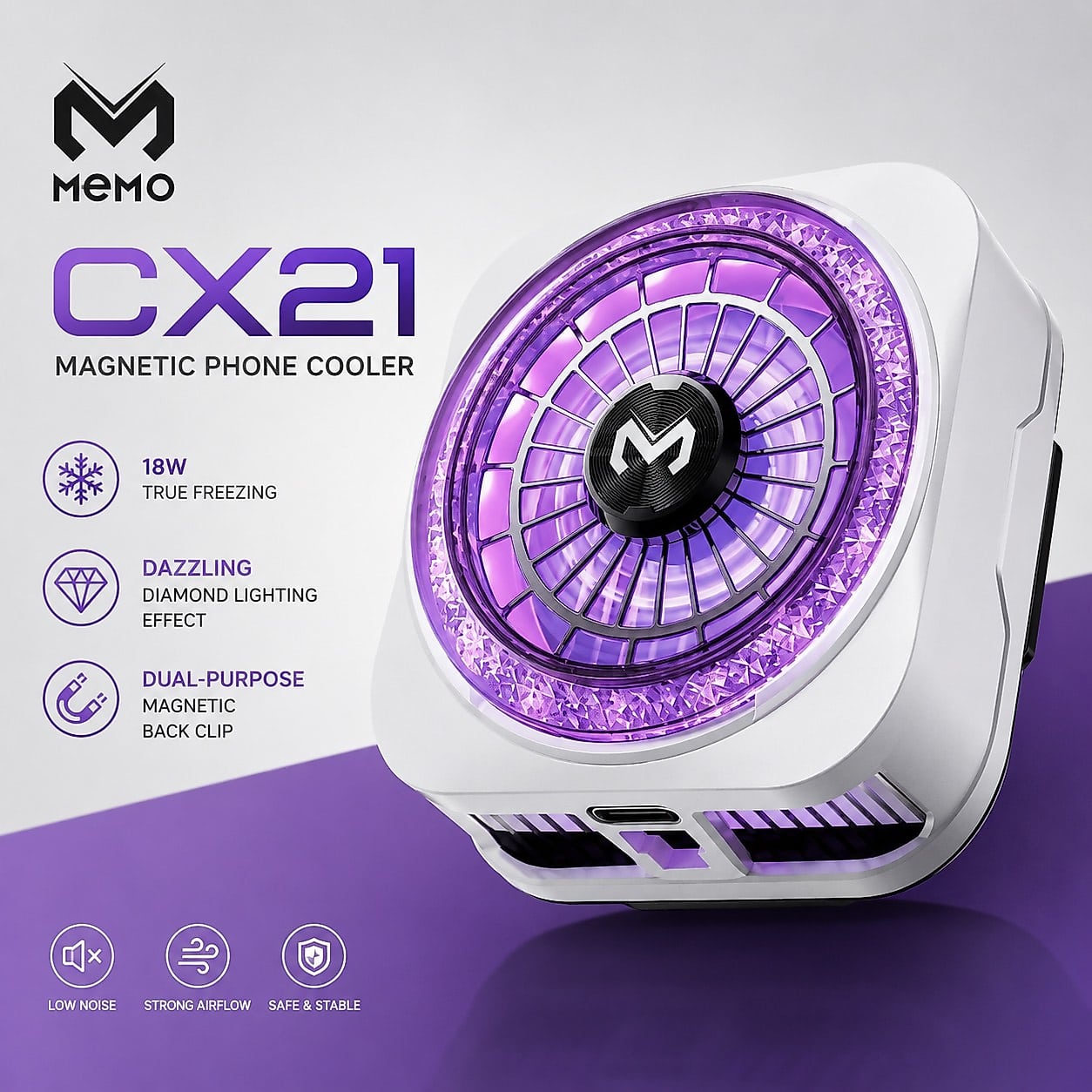 MEMO CX21 18W Magnetic Phone Cooler – Diamond RGB Light & Dual-Purpose Magnetic Clip image 2