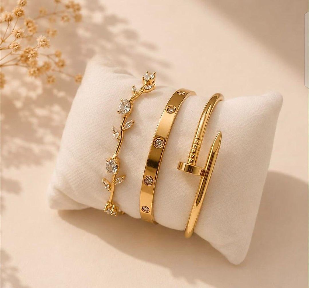 3-Piece Golden Cartier & Nail Style Bracelet Set image 2